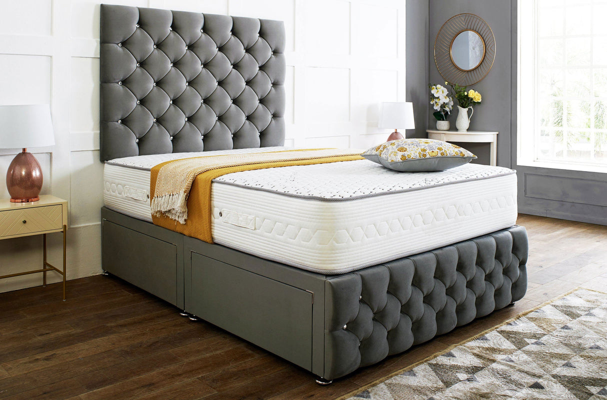 Royale Divan Bed Set With Tall Button Headboard Plus Footboard