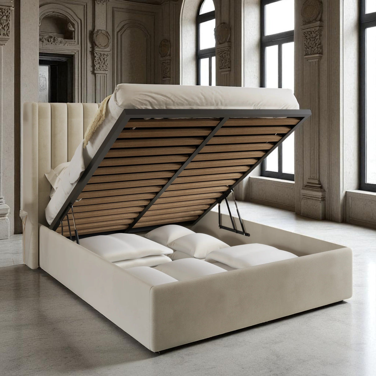 Mira Wingback Ottoman Storage Bed Frame Set With Mattress