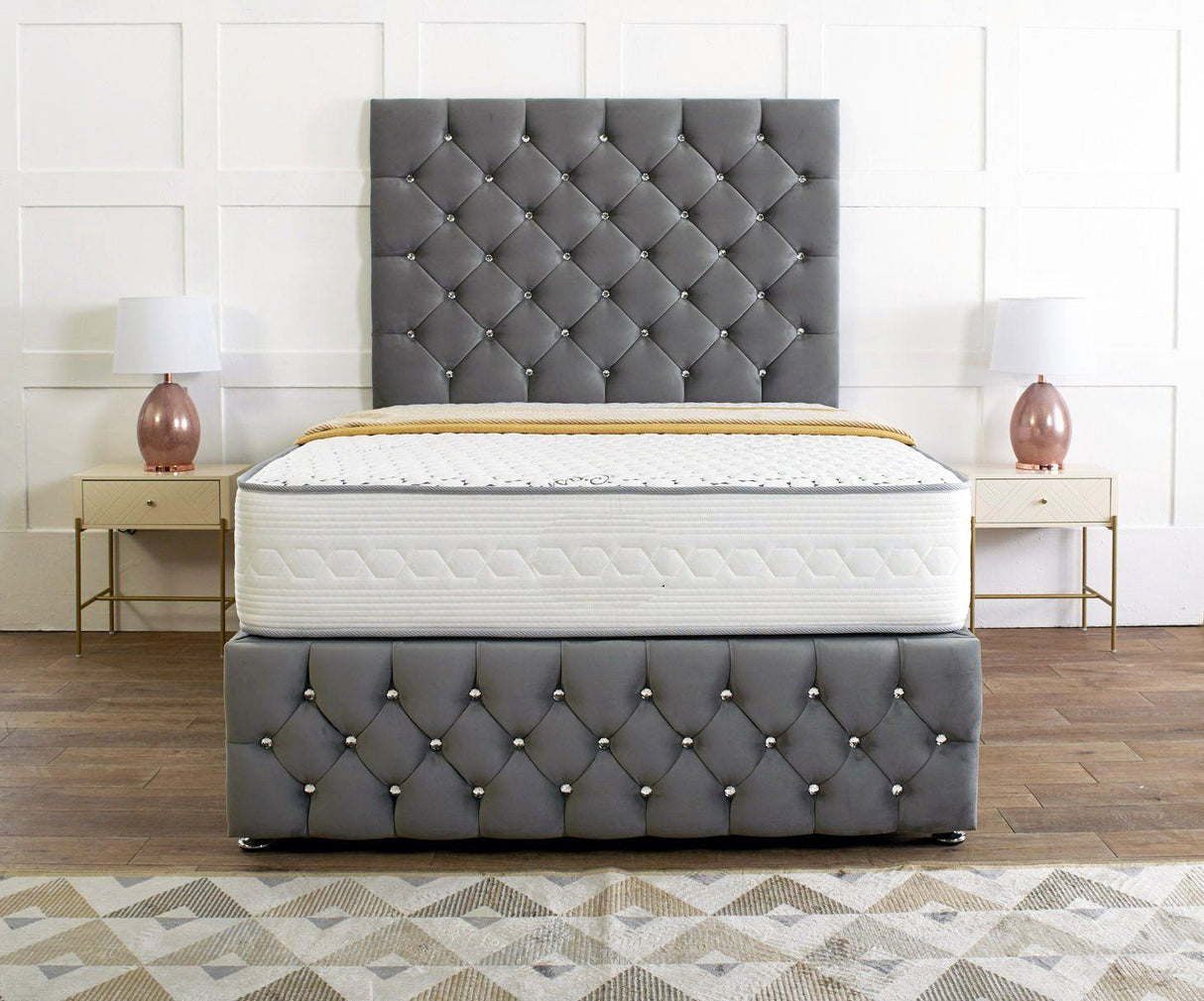 Royale Divan Bed Set With Tall Button Headboard Plus Footboard