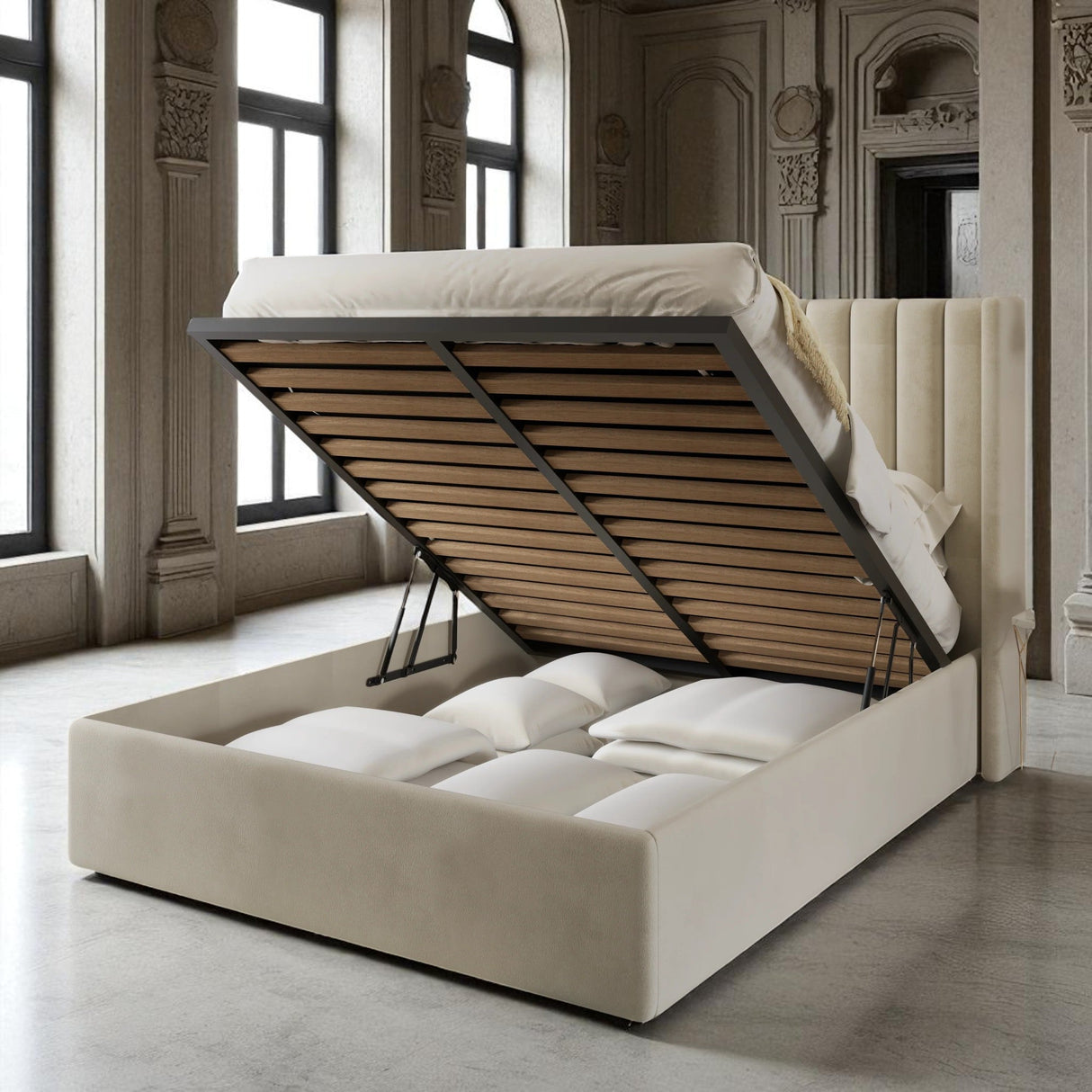 Sera Wingback Ottoman Storage Bed Frame Set With Mattress